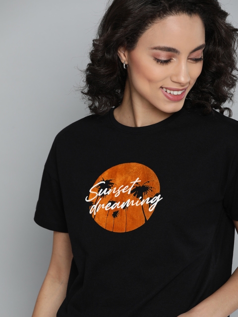 

Mast & Harbour Women Black & Orange Printed Cotton Round Neck T-shirt