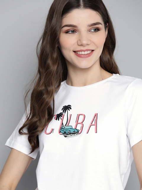 

Mast & Harbour Women White & Pink Tropical Print Round Neck Cotton T-shirt