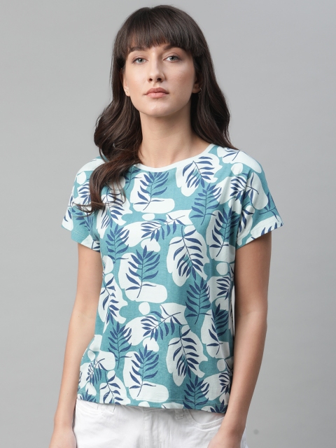 

Mast & Harbour Women Blue & White Leaves Printed Round Neck T-shirt