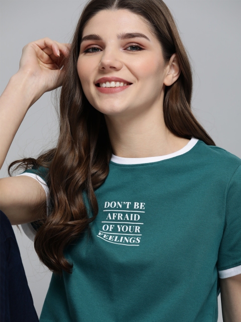 

Mast & Harbour Women Green & White Typography Print Round Neck Cotton T-shirt