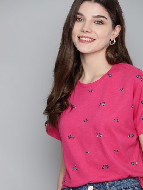

Mast & Harbour Women Pink & Blue Conversational Print Round Neck T-shirt