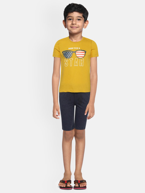 

Sweet Dreams Boys Mustard Yellow & Navy Blue Typography Printed Night Suit