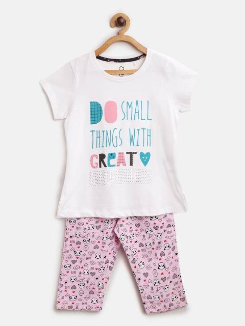 

Sweet Dreams Girls White & Pink Typography Print Cotton Night suit