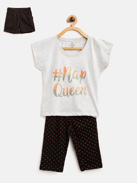 

Sweet Dreams Girls Grey Melange & Black Typography Print Night Suit