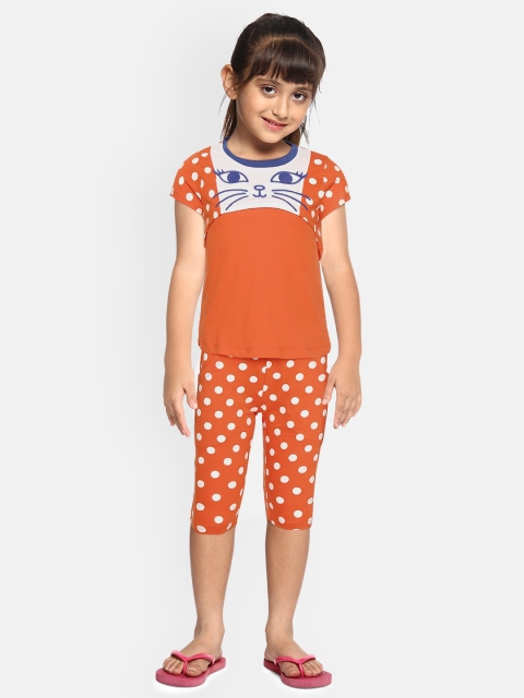 

Sweet Dreams Girls Orange & White Polka Dot Print Night suit