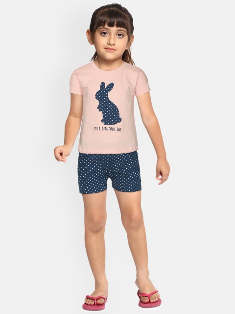 

Sweet Dreams Girls Pink & Navy Blue Polka Dot Print Night suit