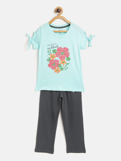 

Sweet Dreams Girls Blue & Charcoal Grey Floral Print Night Suit
