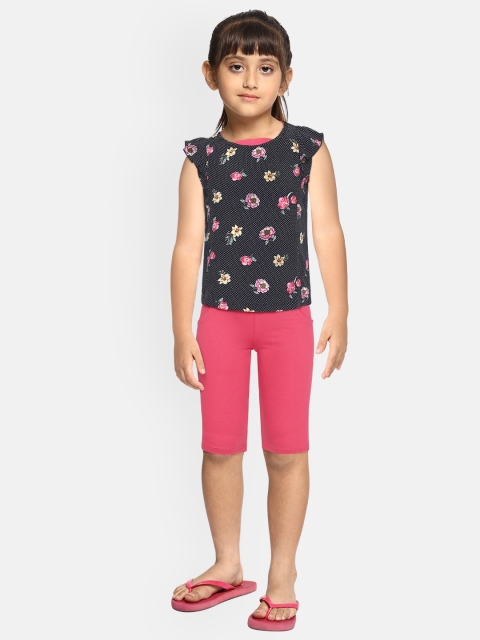 

Sweet Dreams Girls Navy Blue & White Floral & Polka Dot Print Night suit