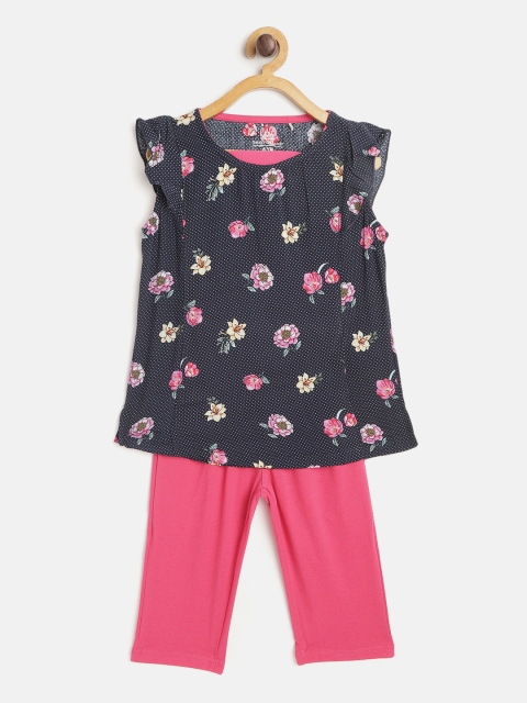 

Sweet Dreams Girls Navy Blue & White Floral & Polka Dot Print Night suit