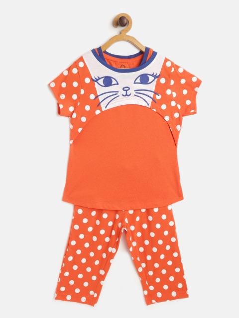 

Sweet Dreams Girls Orange & White Polka Dot Print Night suit