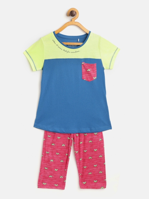 

Sweet Dreams Girls Blue & Lime Green Colourblocked Night Suit