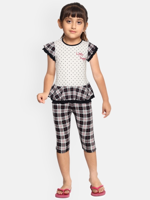 

Sweet Dreams Girls White & Navy Blue Polka Dot Print & Checked Night suit