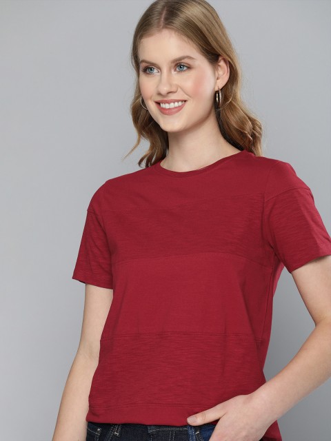 

Mast & Harbour Women Red Solid Round Neck Cotton T-shirt