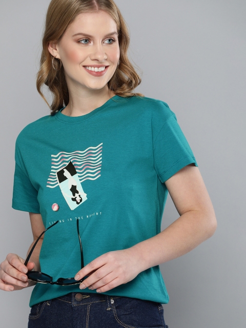 

Mast & Harbour Women Teal Blue & White Graphic Print Round Neck T-shirt