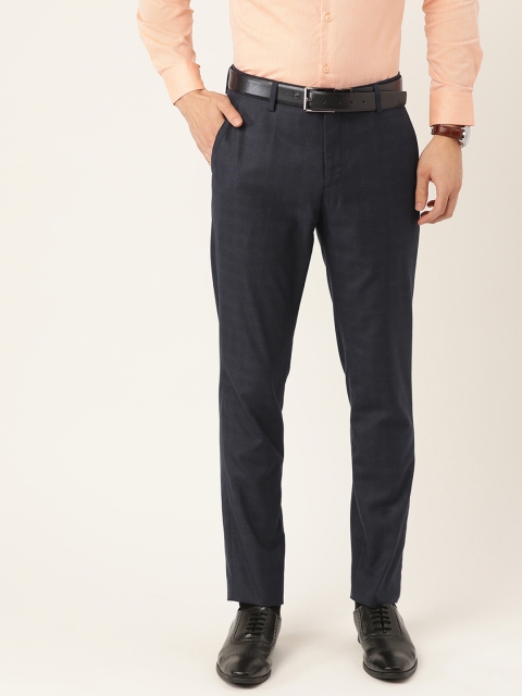 

INVICTUS Men Navy Blue Checked Slim Fit Formal Trousers