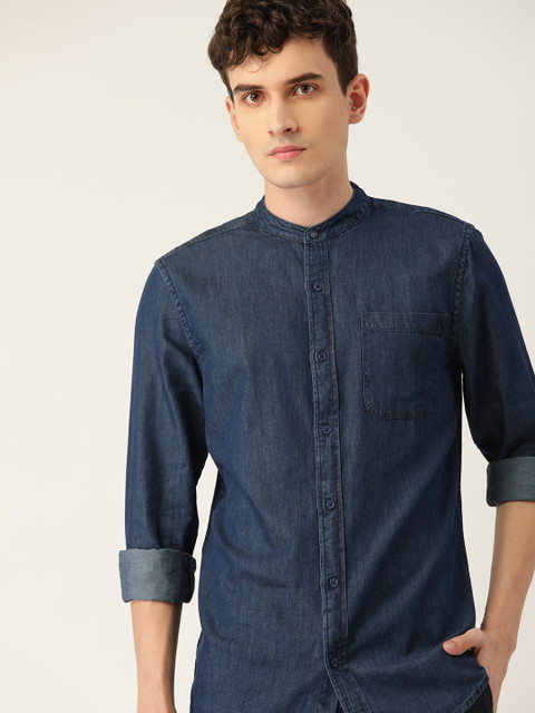 

INVICTUS Men Navy Blue Slim Fit Pure Cotton Chambray Casual Shirt