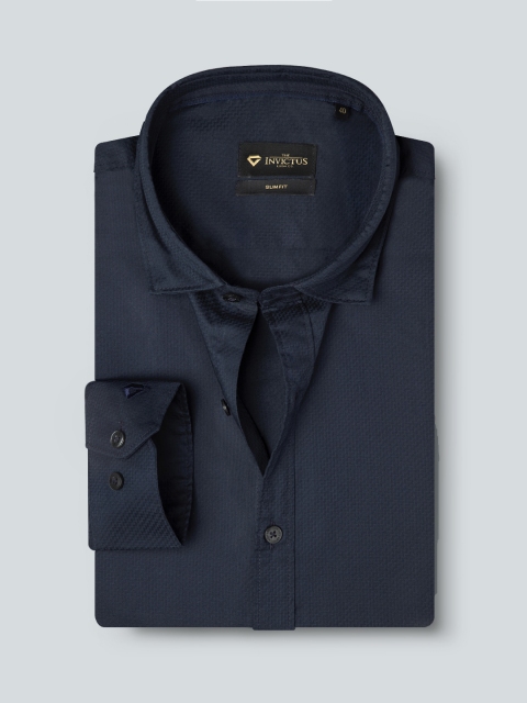 

INVICTUS Men Navy Blue Self Design Slim Fit Pure Cotton Smart Casual Shirt