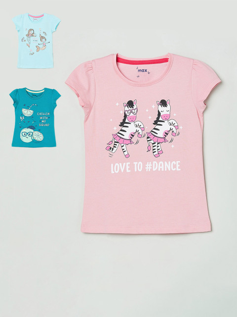

max Girls Pack Of 3 Printed Round Neck Tops, Teal