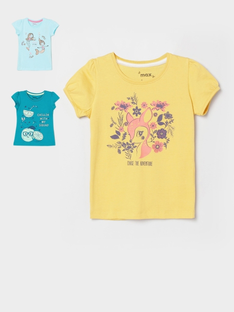 

max Girls Pack Of 3 Printed Cotton Top, Yellow