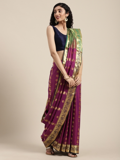 

Mitera Violet & Gold-Toned Woven Design Kanjeevaram Saree