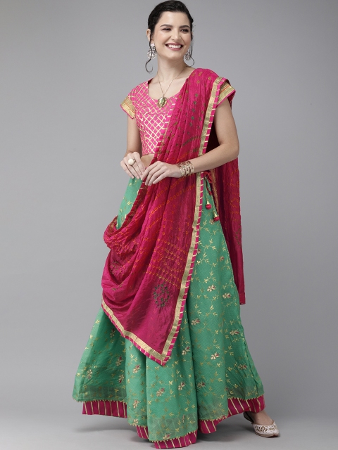 

Geroo Jaipur Handcrafted Green Stitched Kota Silk Sustainable Lehenga With Bandhani Dupatta