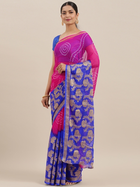 

Geroo Jaipur Hand Dyed Blue & Pink Bandhani & Zari Chiffon Sustainable Saree