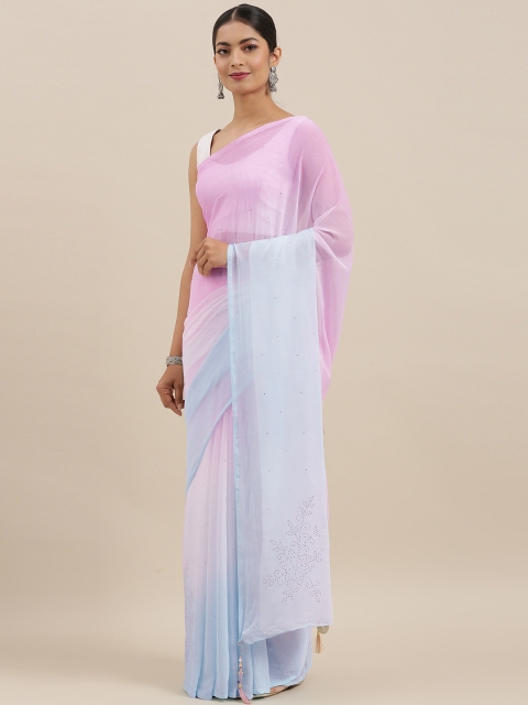 

Geroo Jaipur Shaded Pink & Blue Hand Embellished Georgette Sustainable Saree