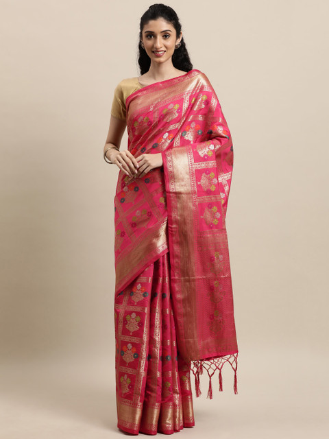 

Mitera Pink & Gold-Toned Woven Design Zari Silk Blend Banarasi Saree