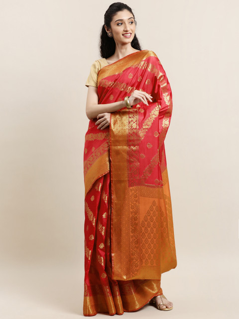 

Mitera Red & Orange Woven Design Zari Silk Blend Banarasi Saree