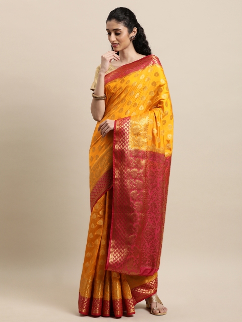 

Mitera Orange & Red Woven Design Zari Silk Blend Banarasi Saree