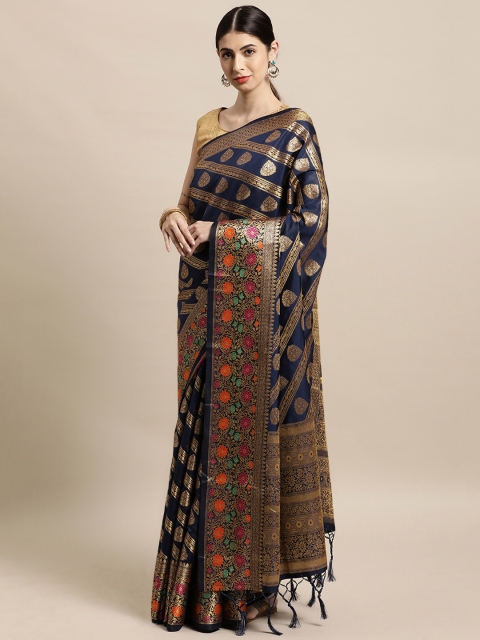 

Mitera Navy Blue & Gold-Toned Ethnic Motifs Zari Silk Blend Banarasi Saree