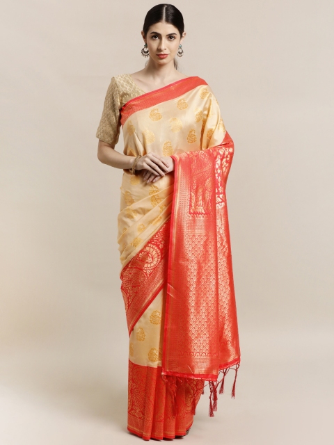 

Mitera Off White & Orange Woven Design Zari Silk Blend Banarasi Saree