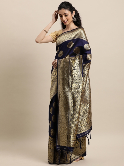 

Mitera Navy Blue & Gold-Toned Ethnic Motifs Zari Silk Blend Banarasi Saree