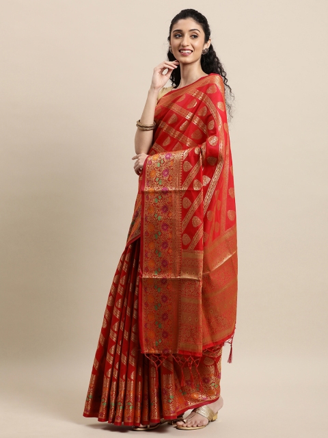 

Mitera Red & Gold-Toned Woven Design Zari Silk Blend Banarasi Saree