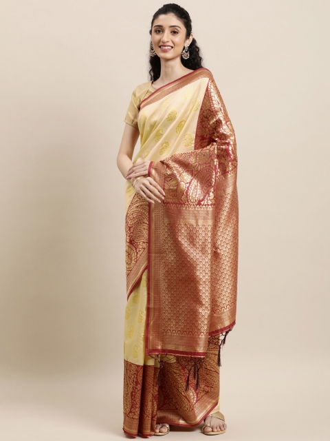

Mitera Beige & Coral Paisley Zari Silk Blend Banarasi Saree