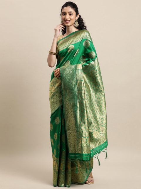 

Mitera Green & Gold-Toned Woven Design Zari Silk Blend Banarasi Saree