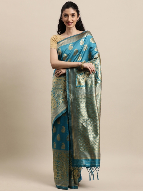 

Mitera Turquoise Blue & Gold-Toned Woven Design Zari Silk Blend Banarasi Saree