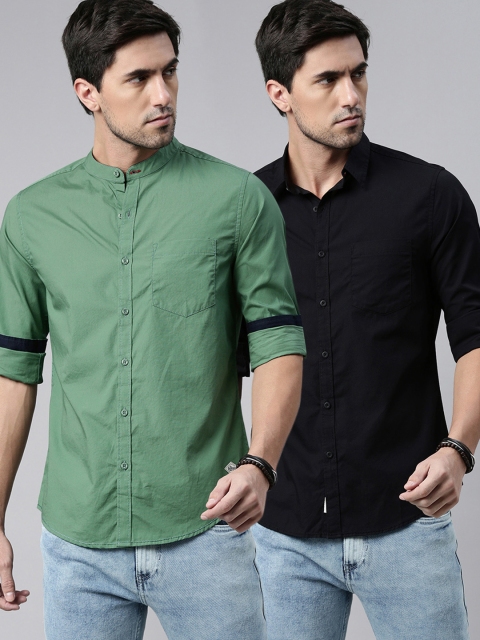 

Roadster Men Pack of 2 Green & Black Regular Fit Solid Sustainable Casual Shirt