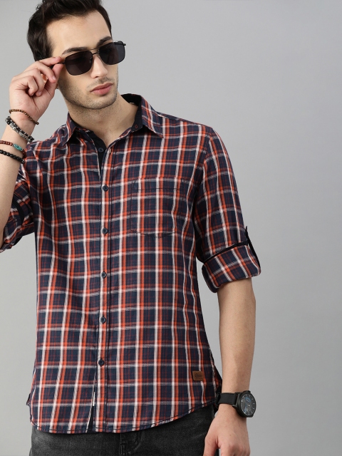 

Roadster Men Navy Blue & Orange Checked Casual Shirt