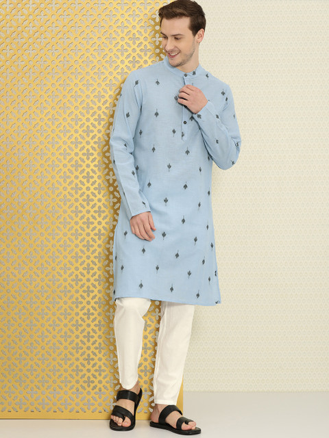 

House of Pataudi Men Blue & Black Printed Regular Pure Cotton Kurta with Trousers