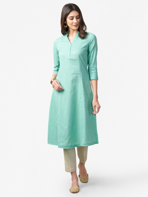 

Fabindia Women Green Pure Cotton Slim Fit Dobby A-line Kurta