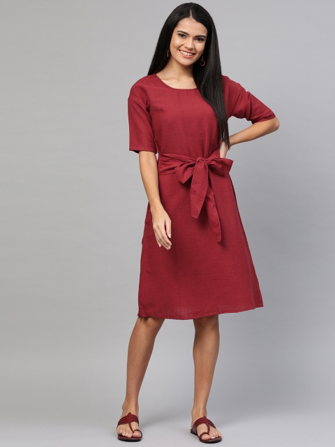 

Fabindia Women Maroon Pure Cotton Solid A-Line Dress