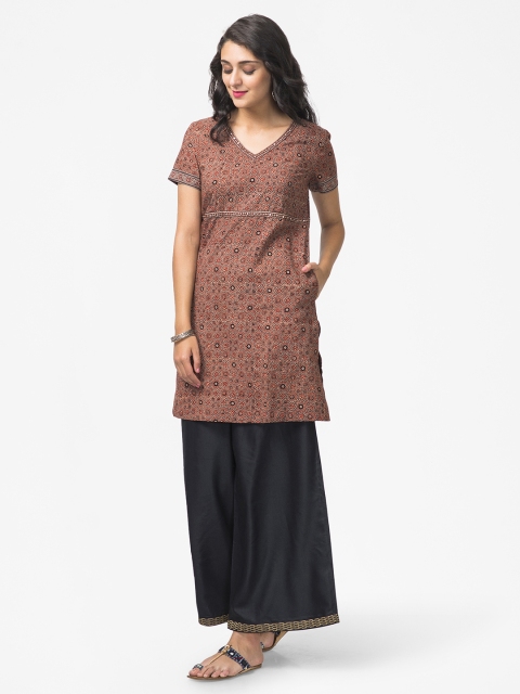 

Fabindia Women's Taupe & Maroon Pure Cotton Printed Tunic