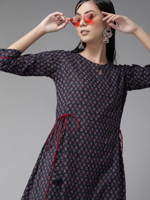 

Indo Era Women Navy Blue & Red Floral Printed A-Line Dress