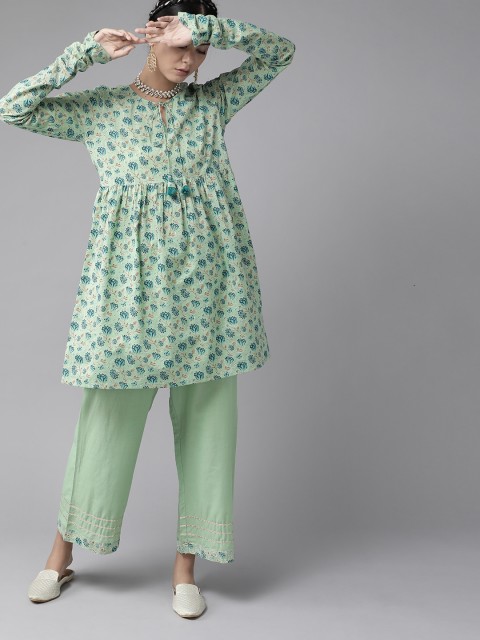 

Indo Era Women Green & Blue Floral Print Pure Cotton Kurta with Trousers