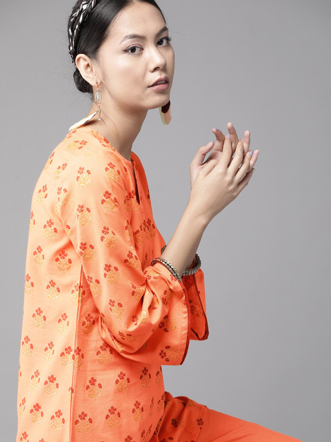 

Indo Era Women Peach-Coloured & Coral Printed Kurta with Trousers