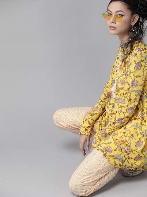 

Indo Era Women Yellow & Off-White Floral Print Pure Cotton Kurta with Trousers