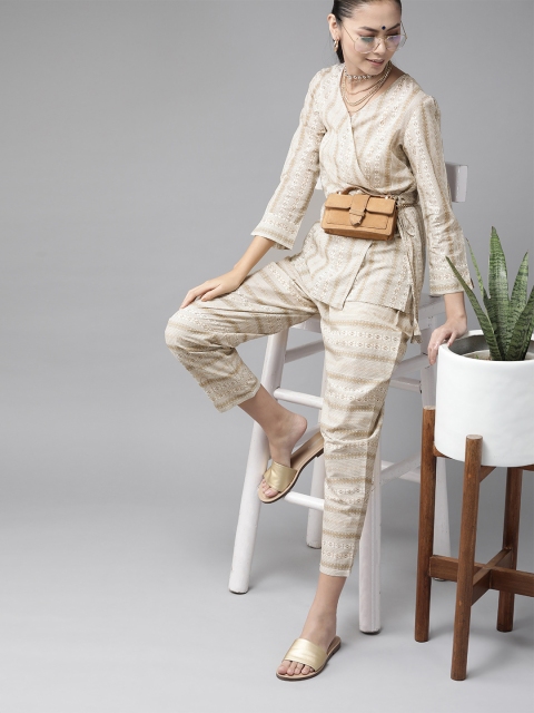 

Indo Era Women Off-White & Beige Striped Wrap Top with Trousers