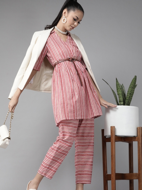 

Indo Era Women Pink & White Striped Kurta with Trousers