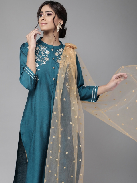

Varanga Rich Teal Blue And Gold Yoke Design Kurta Set